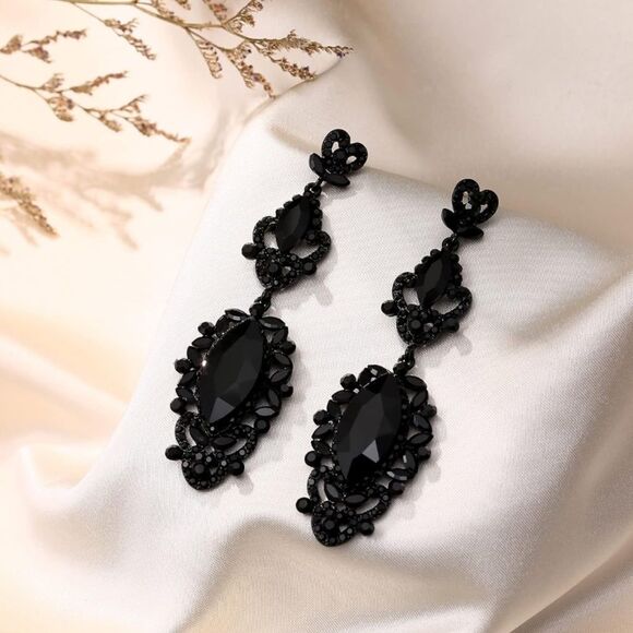 Carbon Black with Black Onyx Crystal Art Deco Chandelier Post Back Drop Earrings - Picture 2 of 4